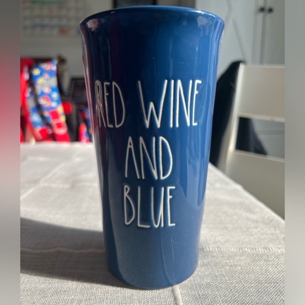 RAE DUNN Red wine and blue ceramic travel mug